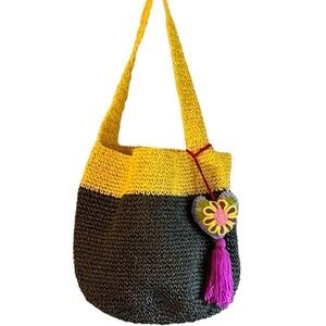 Woven Straw Bucket Bag with Shoulder Strap in Gray and Yellow with Tassel
